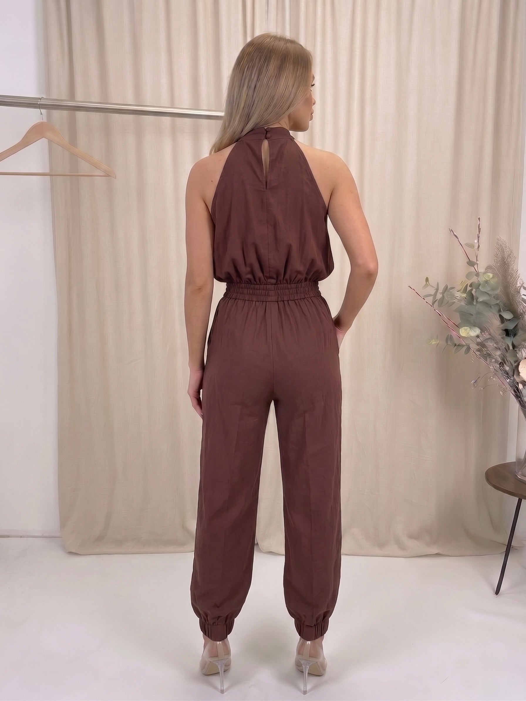 Chic High-Neck Linen Blend Co-Ord Rich Mocha