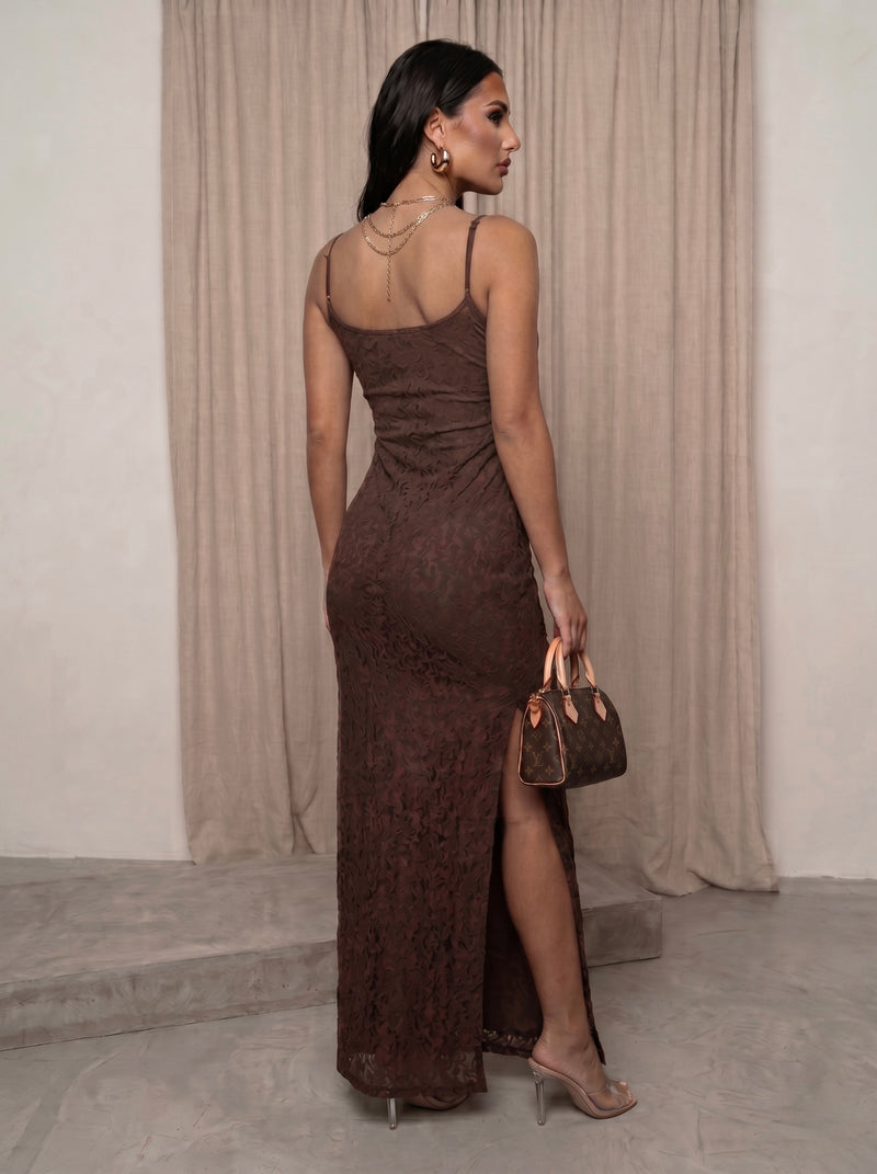 Sienna Cowl Neck Lace Maxi Dress Brown