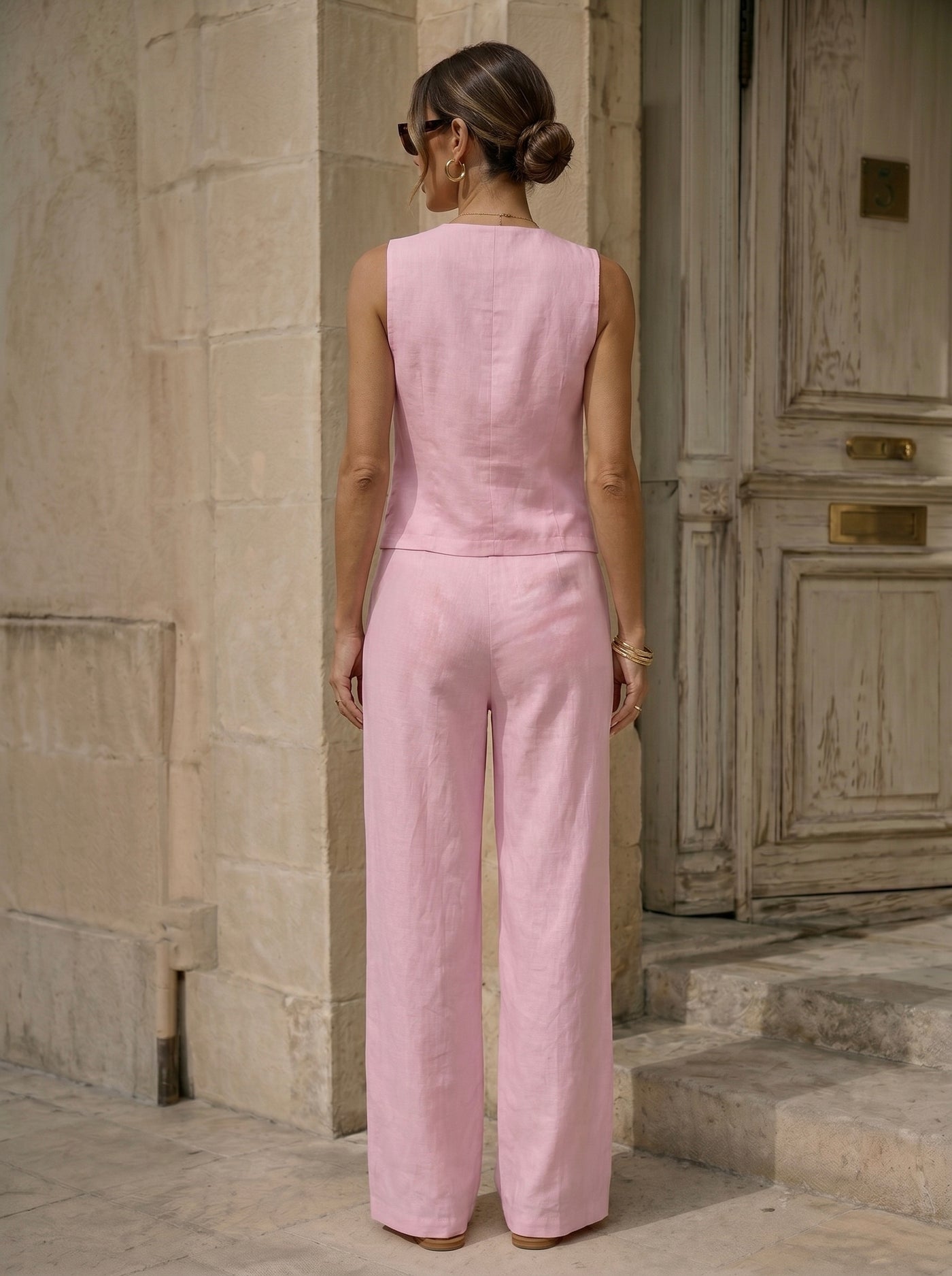 Two-Piece Linen Blend Asymmetrical Set - Pink