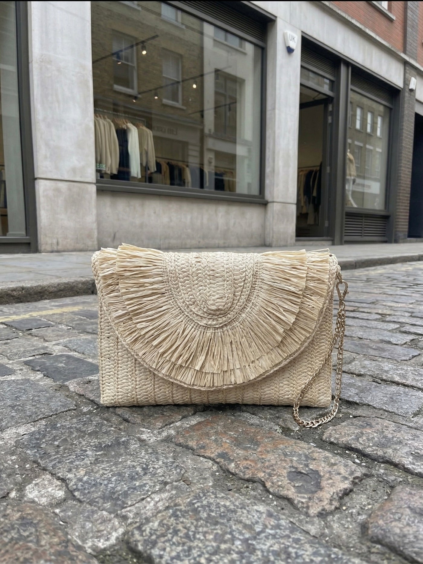 Serena Bohemian Ruffle Straw Clutch Beige