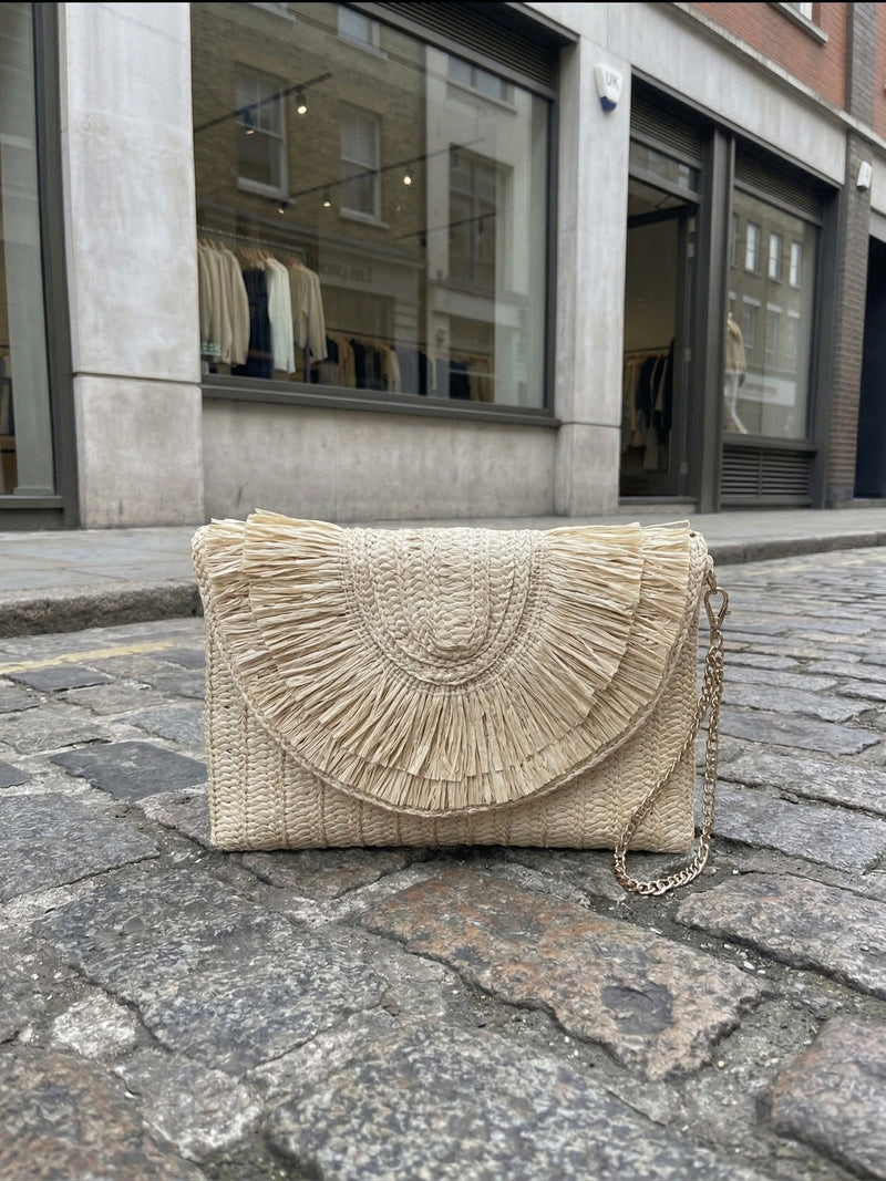 Serena Bohemian Ruffle Straw Clutch Beige