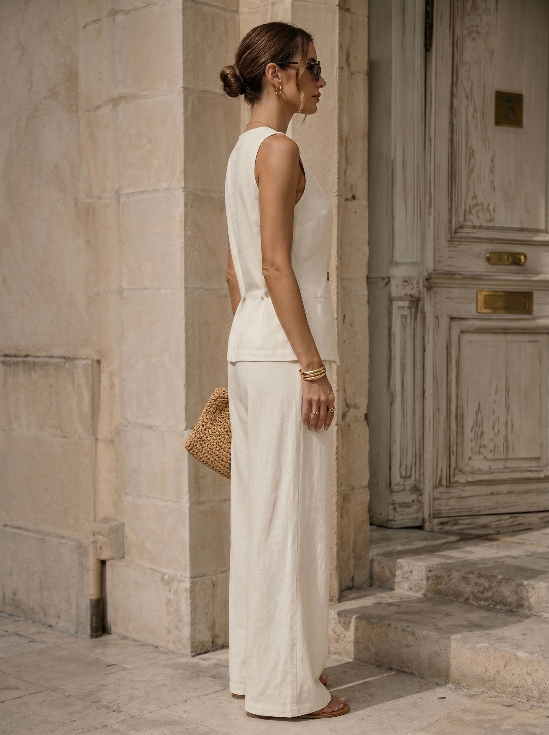 Two-Piece Linen Blend Asymmetrical Set - White