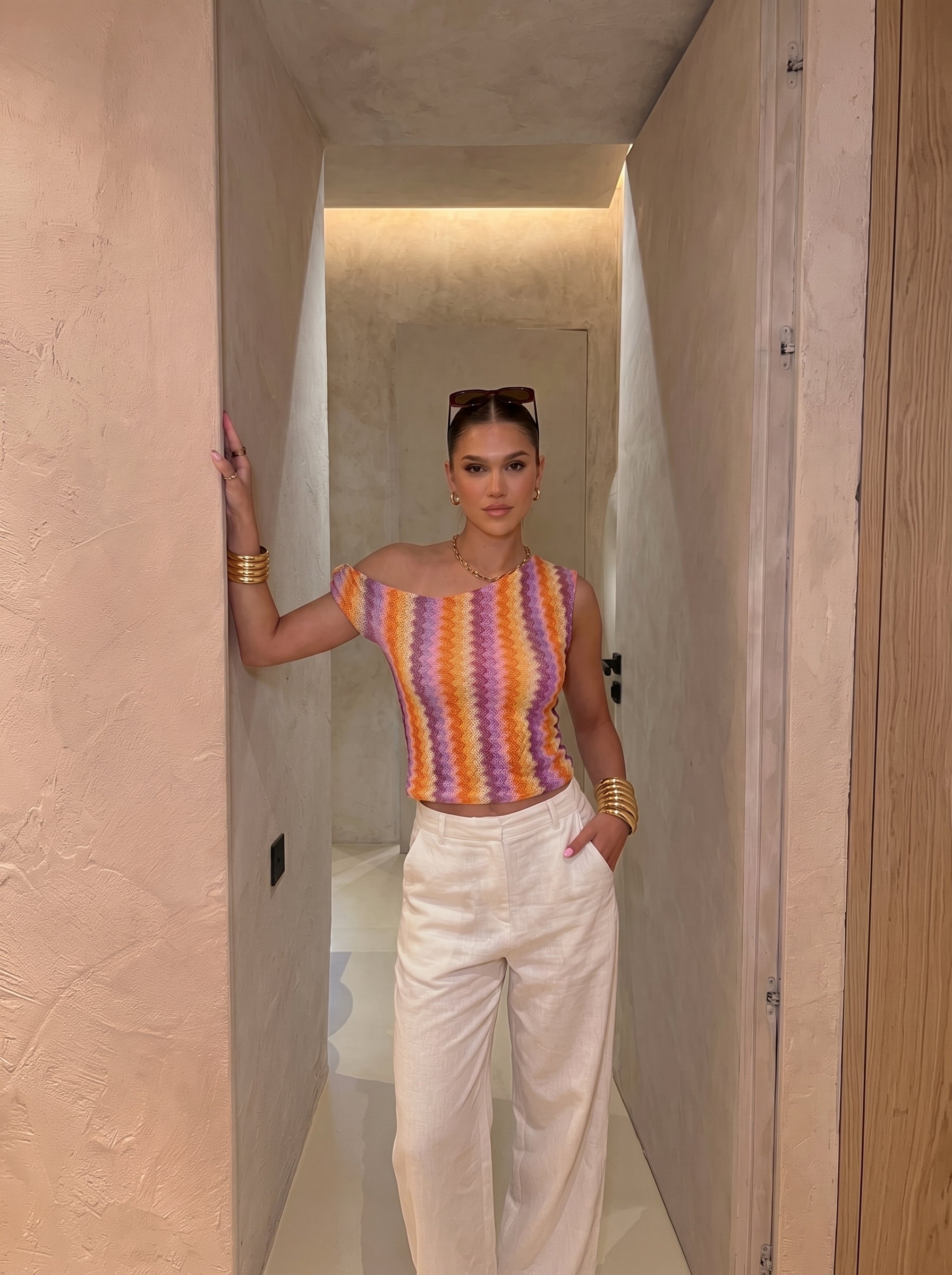Sunset Zig-Zag One-Shoulder Ring Top