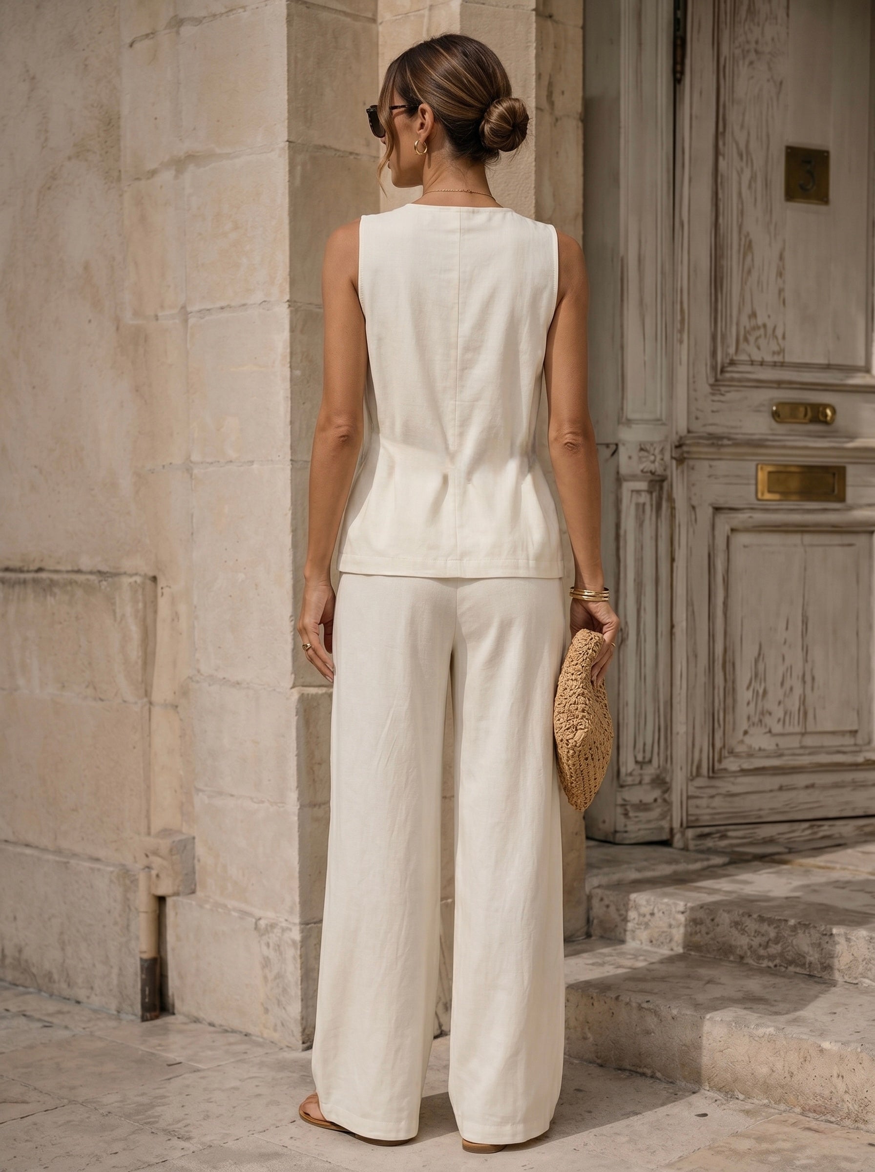 Two-Piece Linen Blend Asymmetrical Set - White