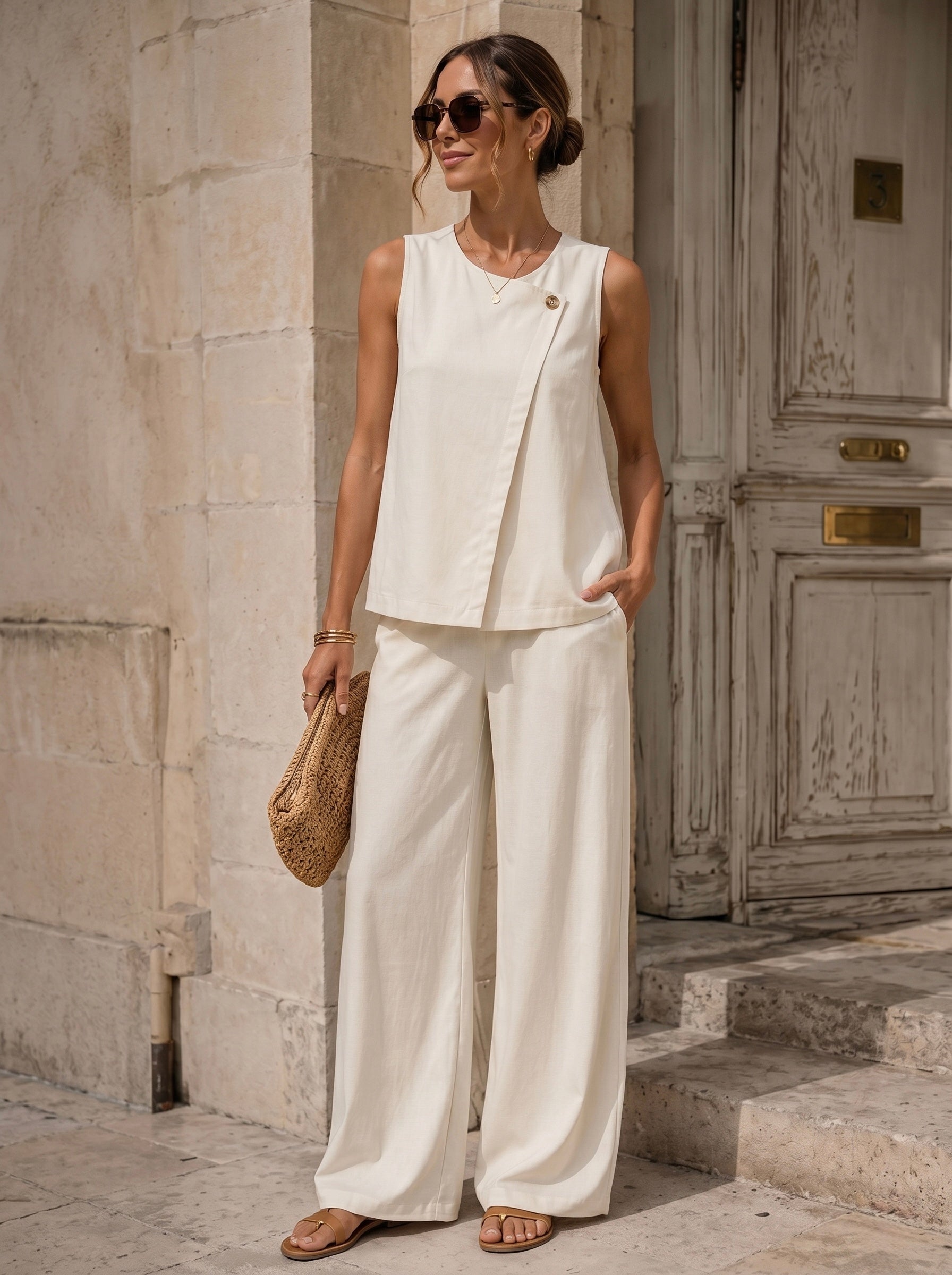 Two-Piece Linen Blend Asymmetrical Set - White