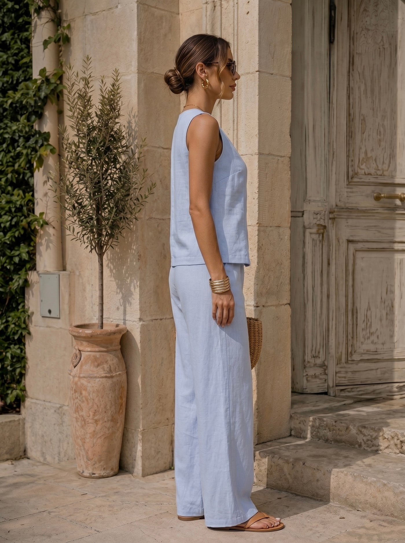 Two-Piece Linen Blend Asymmetrical Set - Blue