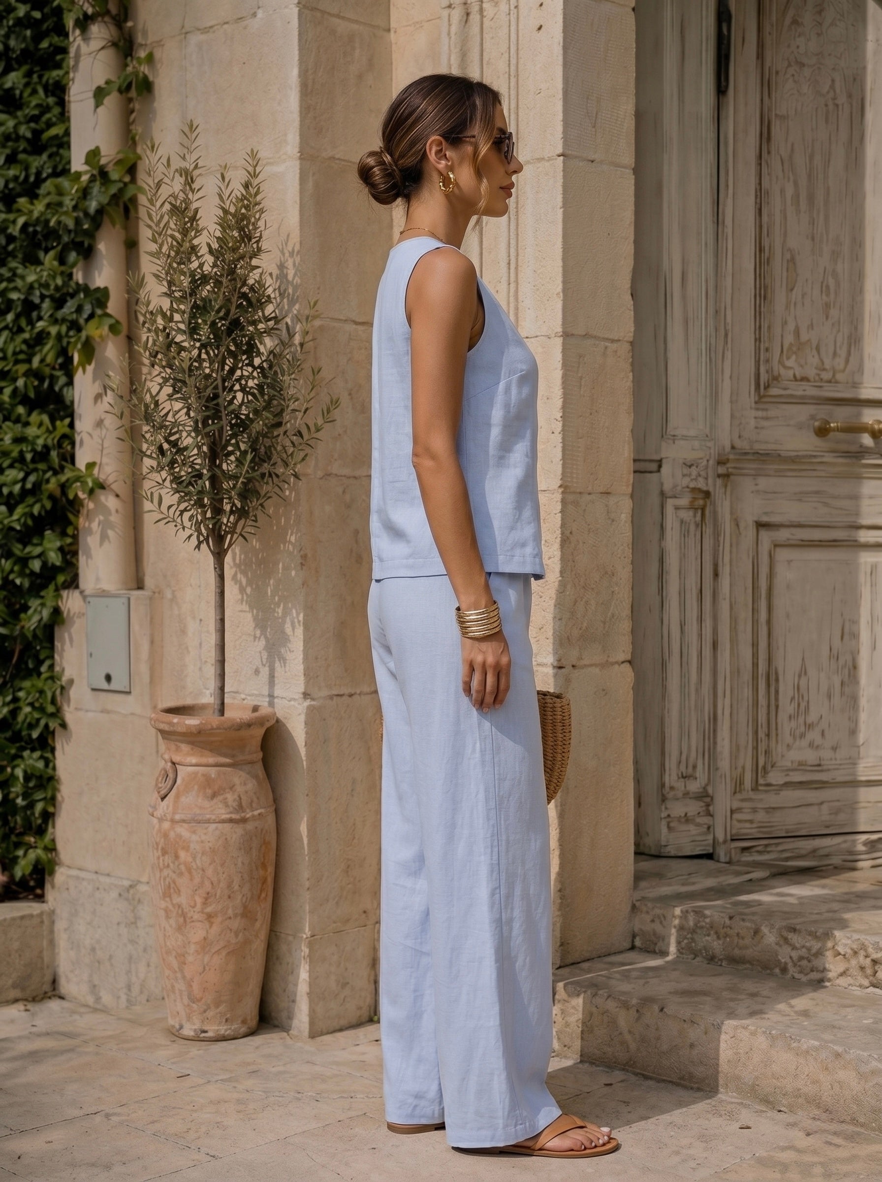 Two-Piece Linen Blend Asymmetrical Set - Blue