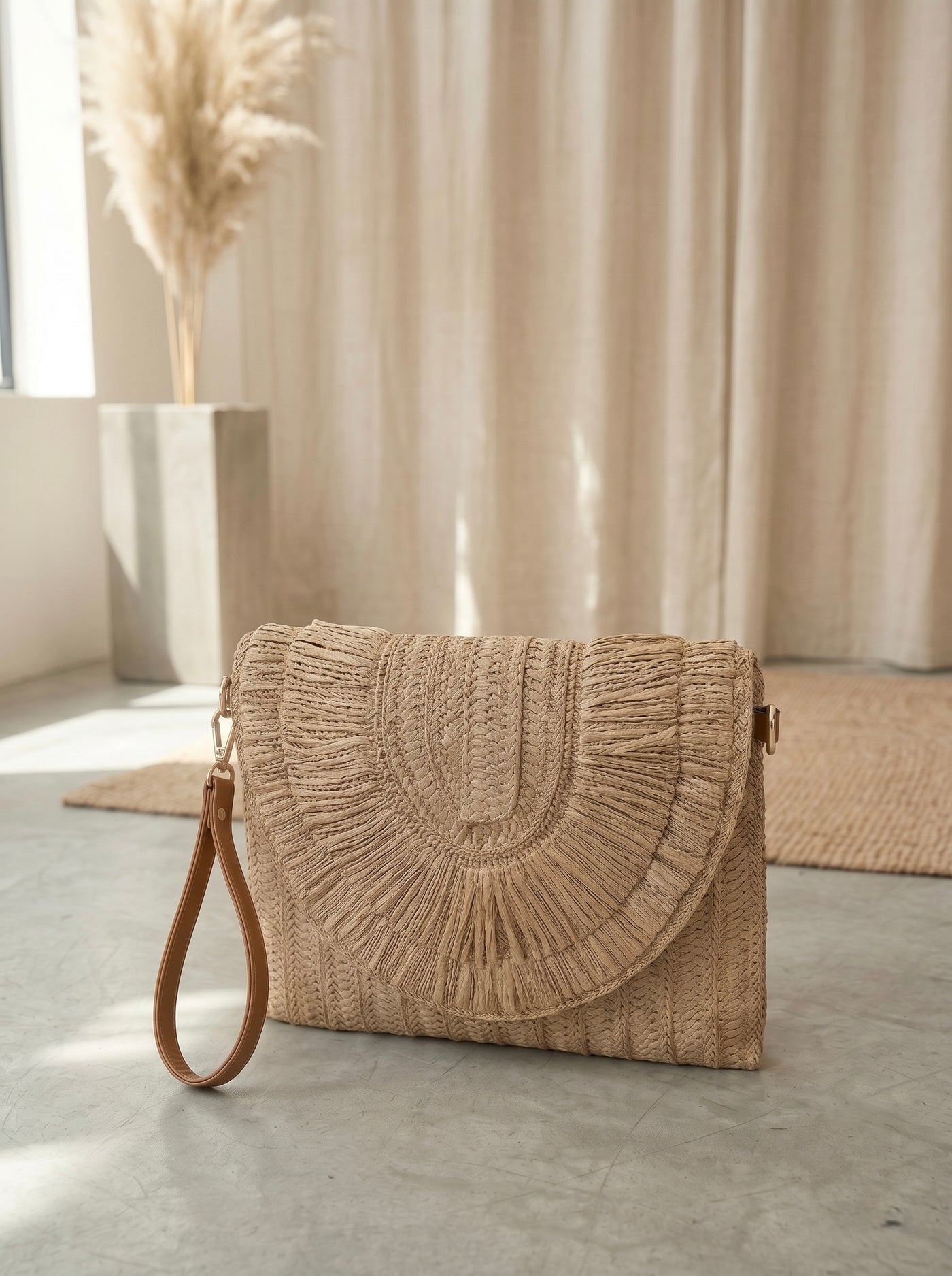 Serena Bohemian Ruffle Straw Clutch Camel