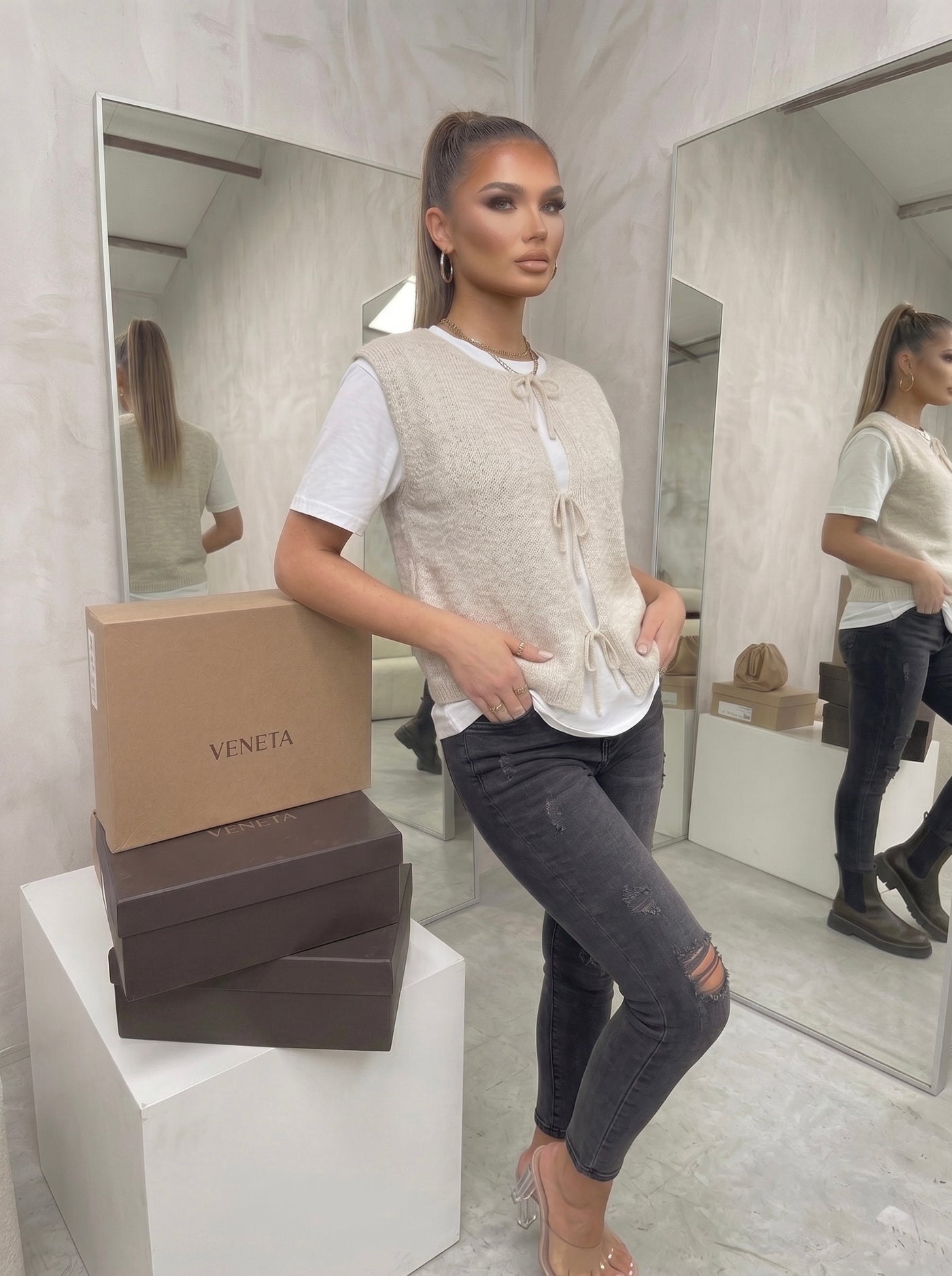 Sophie Trio-Tie Knit Vest Cream