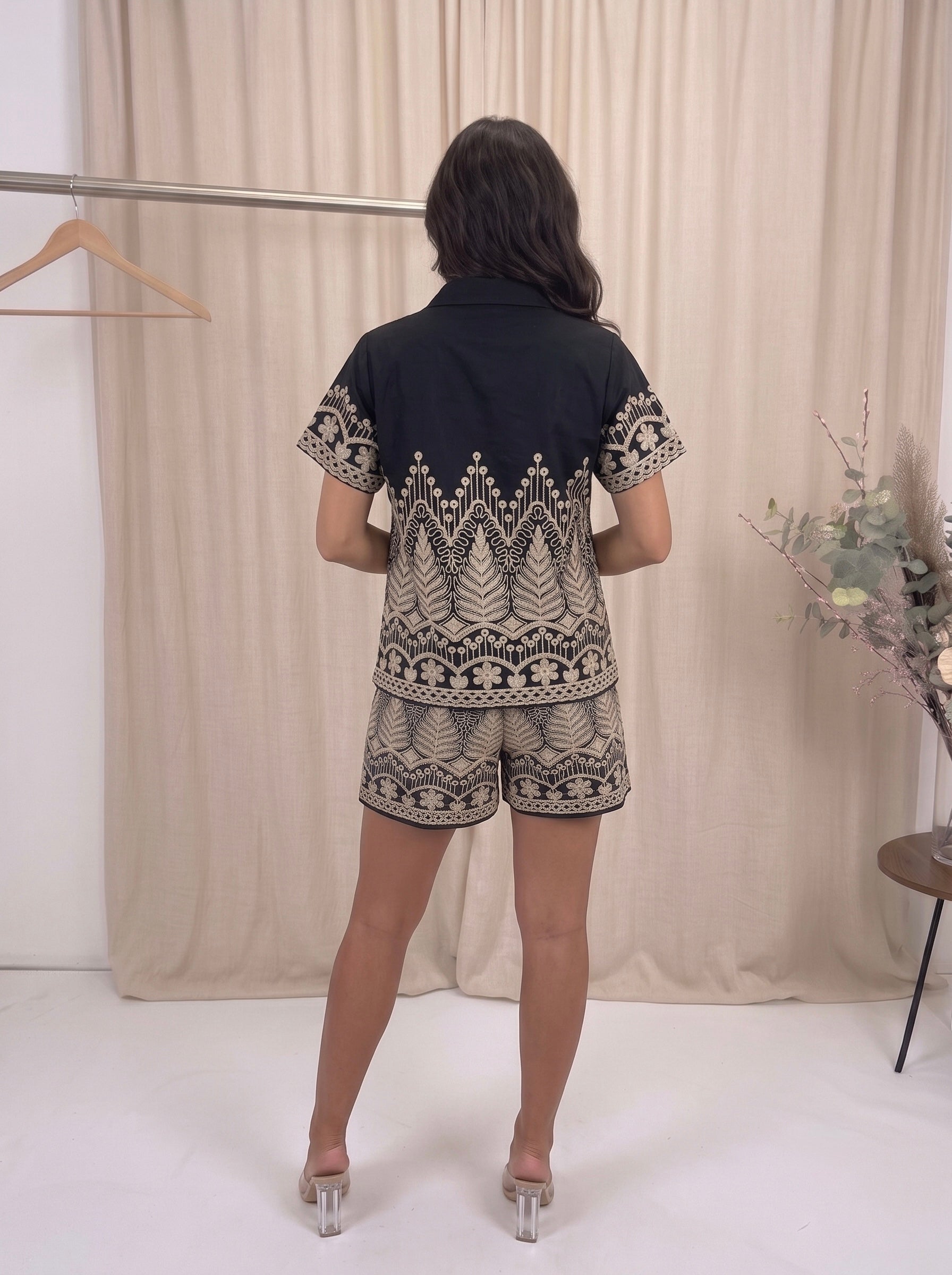 Elysian Embroidered Shirt & Shorts Co-Ord Black