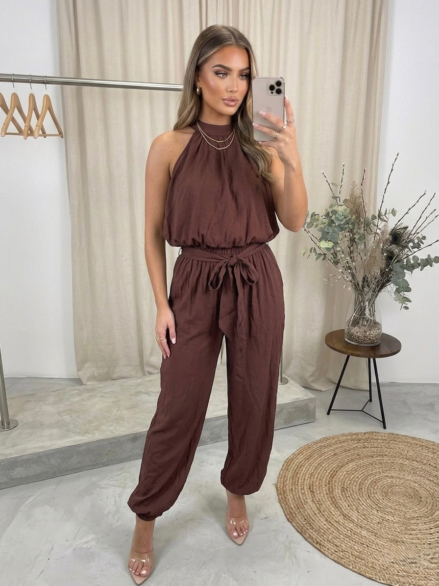 Chic High-Neck Linen Blend Co-Ord Rich Mocha