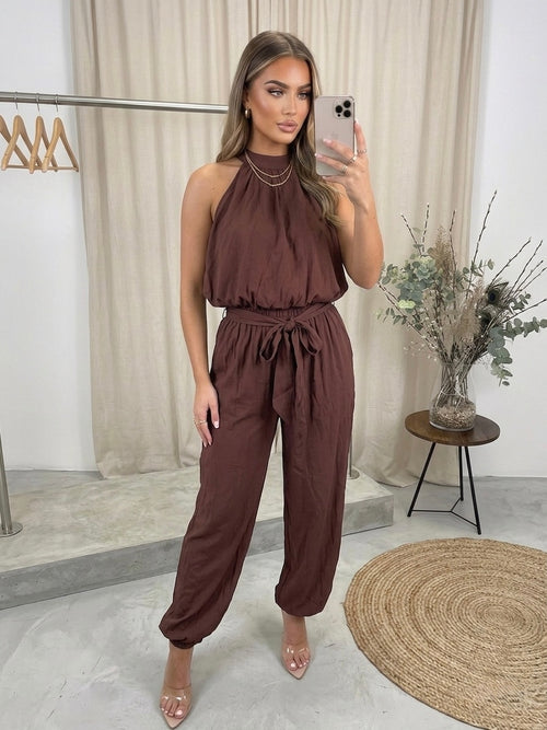 Chic High-Neck Linen Blend Co-Ord Rich Mocha